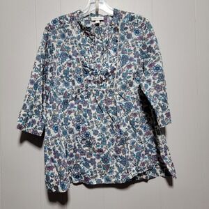Vintage Fashion Bug Womens XL Floral Cotton Top Blue Purple Boho 3/4 Sleeve Trim